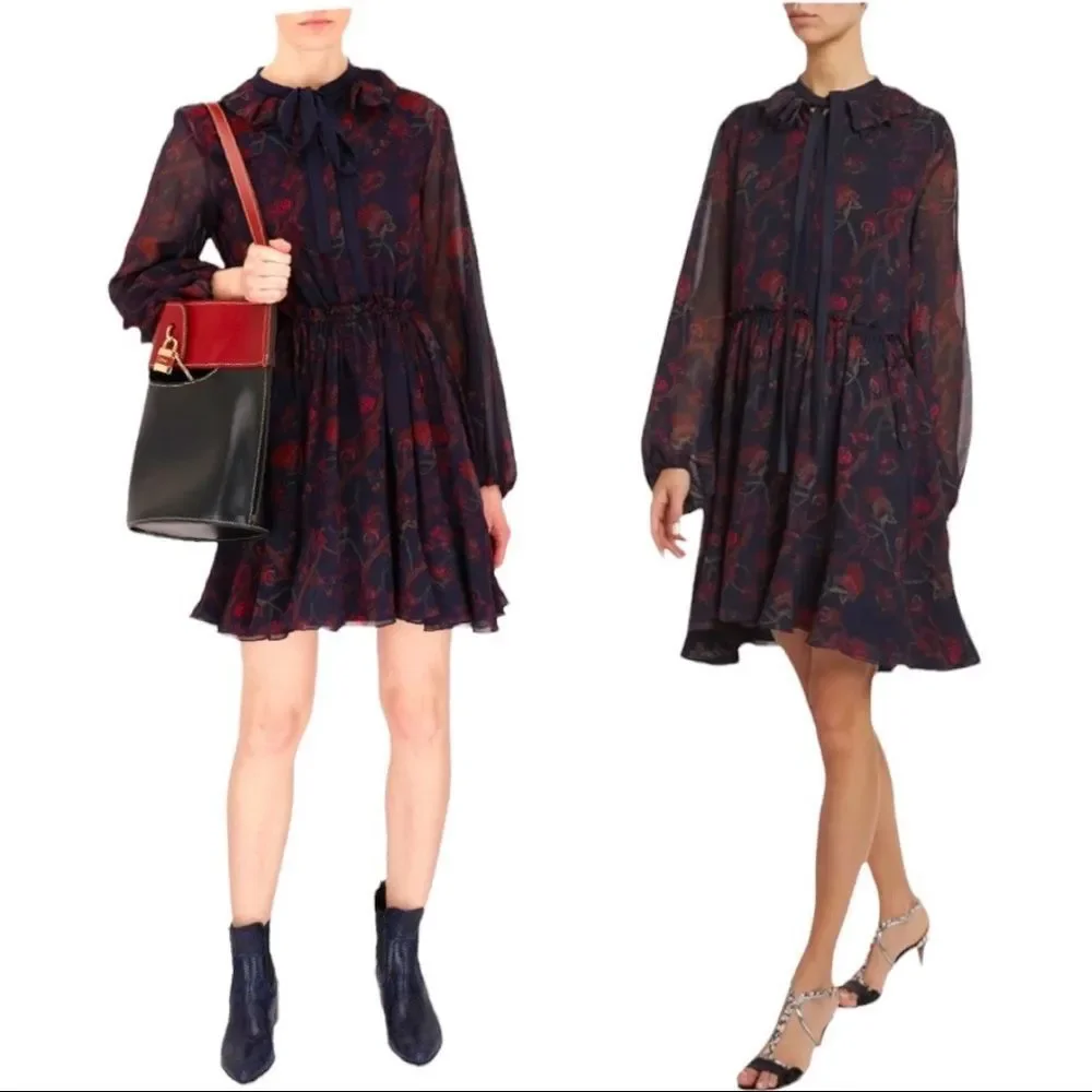 CHLOE Floral-Print Silk-Georgette Tie-Neck Dress Runway 2020 collection …